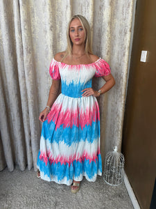 Elisa Off The Shoulder Dress Pink & Blue